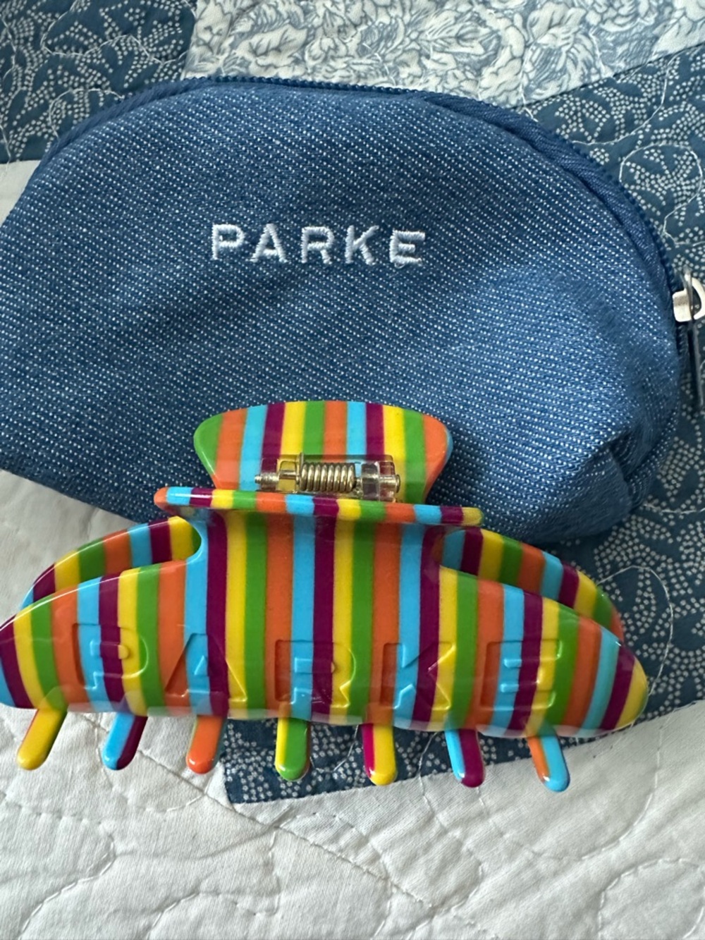 Parke Stripe Claw Clip with denim pouch